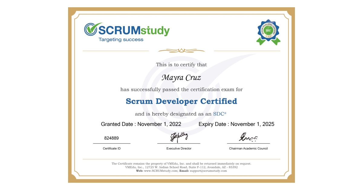 I passed the Scrum Developer Certified certification exam!