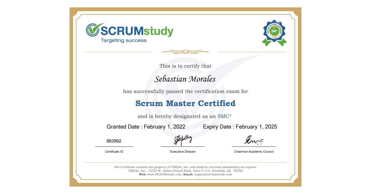 I passed the Scrum Master Certified certification exam!